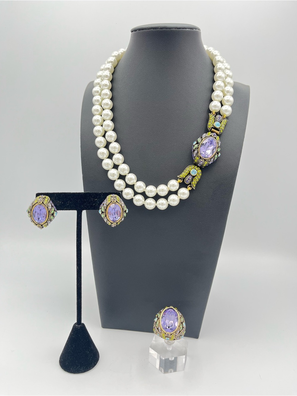 Heidi Daus Signed Amethyst Crystal Pearl 3-Piece Necklace Earring Ring Set